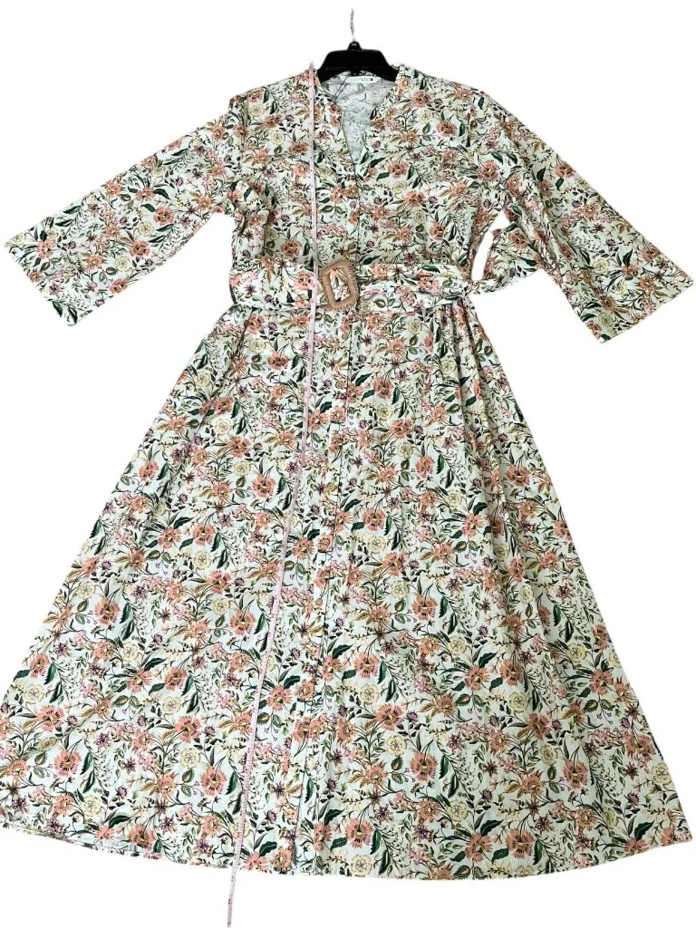 Zara Printed Midi Poplin Dress XL Organic Cotton Belted Button Front Summer NWT